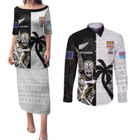 Custom Fiji And New Zealand Rugby Couples Matching Puletasi and Long Sleeve Button Shirt Aotearoa Silver Fern Mix Fijian Tapa Pattern LT14 Black - Polynesian Pride
