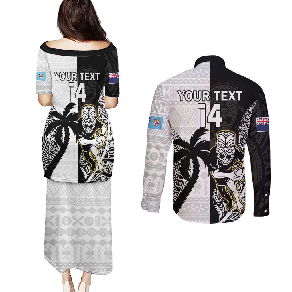 Custom Fiji And New Zealand Rugby Couples Matching Puletasi and Long Sleeve Button Shirt Aotearoa Silver Fern Mix Fijian Tapa Pattern LT14 - Polynesian Pride