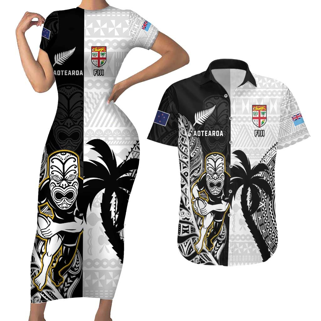 Custom Fiji And New Zealand Rugby Couples Matching Short Sleeve Bodycon Dress and Hawaiian Shirt Aotearoa Silver Fern Mix Fijian Tapa Pattern LT14 Black - Polynesian Pride