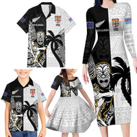 Custom Fiji And New Zealand Rugby Family Matching Long Sleeve Bodycon Dress and Hawaiian Shirt Aotearoa Silver Fern Mix Fijian Tapa Pattern LT14 - Polynesian Pride