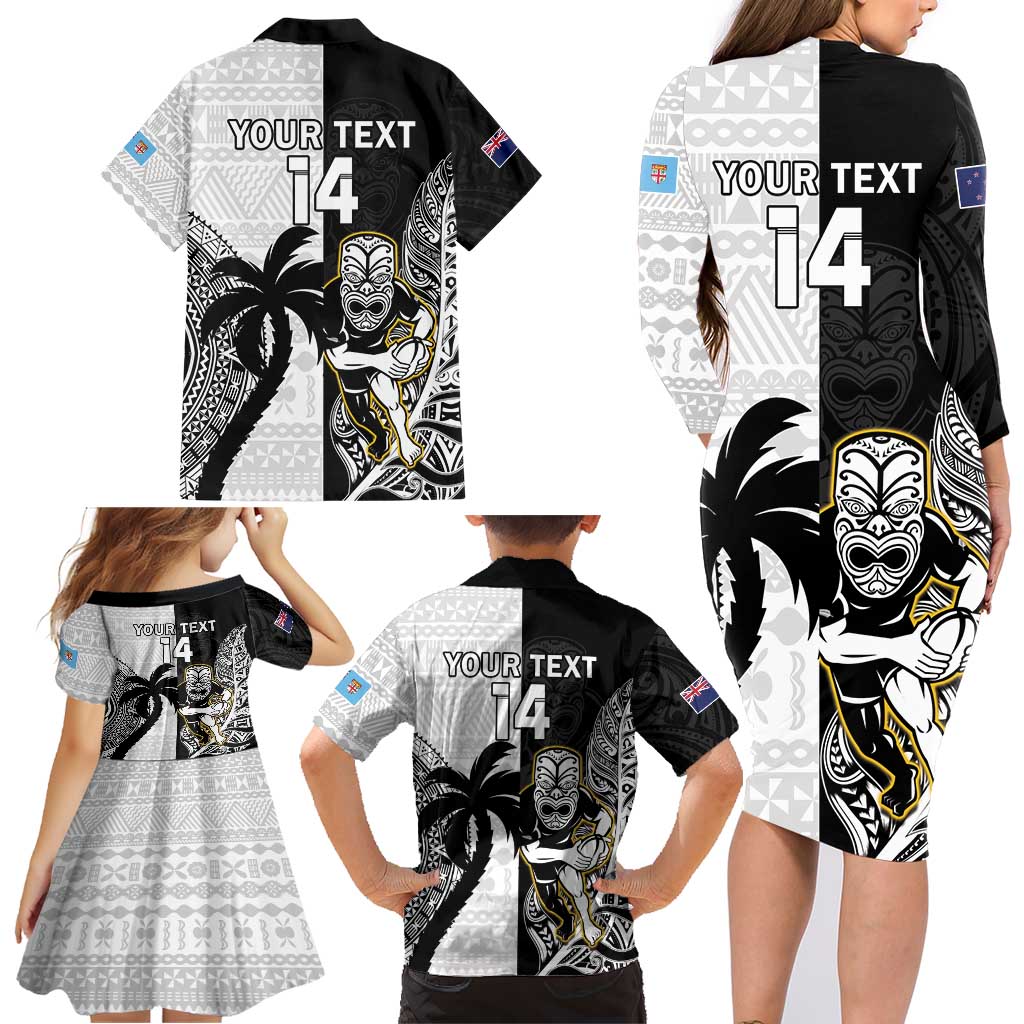 Custom Fiji And New Zealand Rugby Family Matching Long Sleeve Bodycon Dress and Hawaiian Shirt Aotearoa Silver Fern Mix Fijian Tapa Pattern LT14 - Polynesian Pride