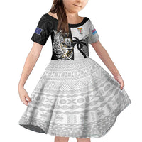 Custom Fiji And New Zealand Rugby Family Matching Mermaid Dress and Hawaiian Shirt Aotearoa Silver Fern Mix Fijian Tapa Pattern LT14 Daughter's Dress Black - Polynesian Pride