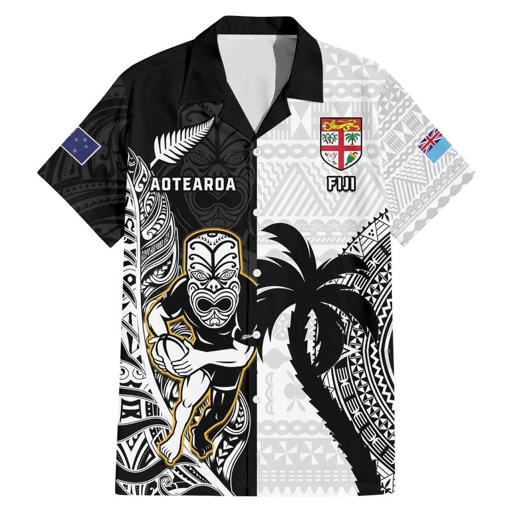 Custom Fiji And New Zealand Rugby Family Matching Mermaid Dress and Hawaiian Shirt Aotearoa Silver Fern Mix Fijian Tapa Pattern LT14 Dad's Shirt - Short Sleeve Black - Polynesian Pride