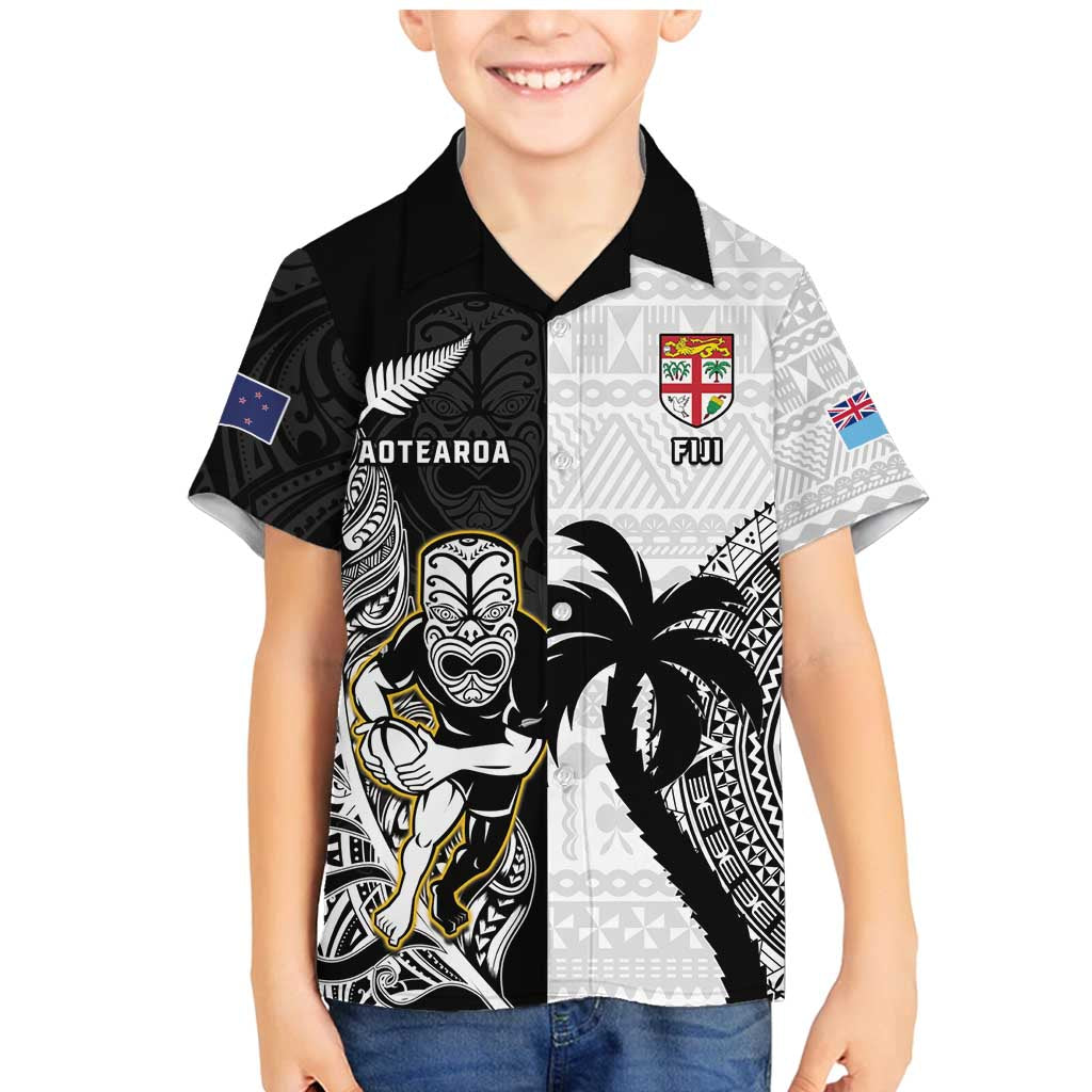 Custom Fiji And New Zealand Rugby Family Matching Mermaid Dress and Hawaiian Shirt Aotearoa Silver Fern Mix Fijian Tapa Pattern LT14 Son's Shirt Black - Polynesian Pride