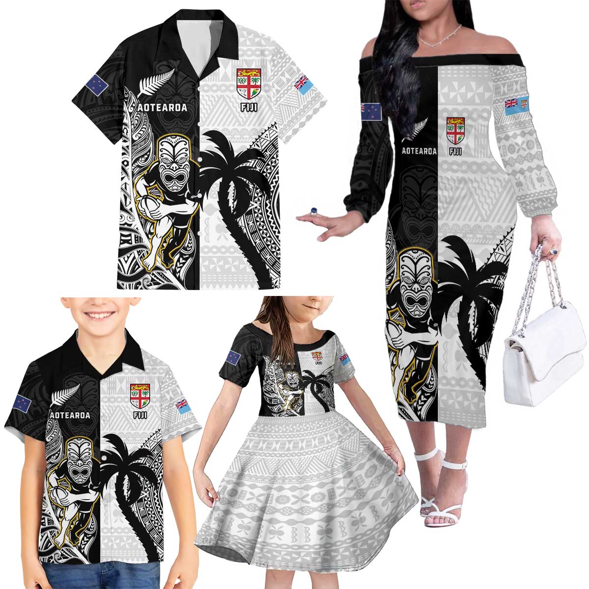 Custom Fiji And New Zealand Rugby Family Matching Off The Shoulder Long Sleeve Dress and Hawaiian Shirt Aotearoa Silver Fern Mix Fijian Tapa Pattern LT14 - Polynesian Pride