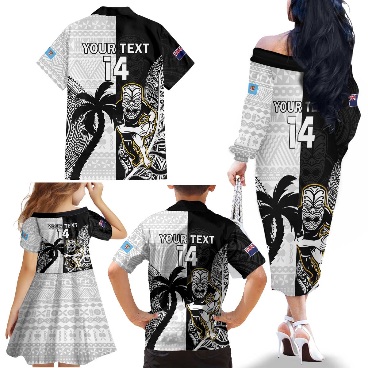 Custom Fiji And New Zealand Rugby Family Matching Off The Shoulder Long Sleeve Dress and Hawaiian Shirt Aotearoa Silver Fern Mix Fijian Tapa Pattern LT14 - Polynesian Pride