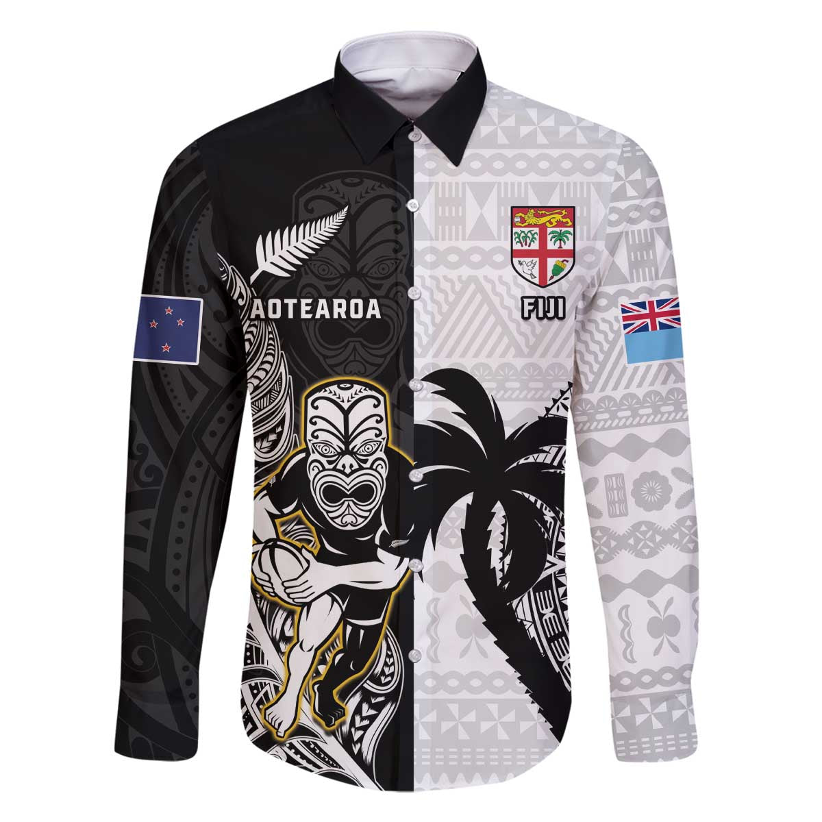 Custom Fiji And New Zealand Rugby Family Matching Off The Shoulder Long Sleeve Dress and Hawaiian Shirt Aotearoa Silver Fern Mix Fijian Tapa Pattern LT14 Dad's Shirt - Long Sleeve Black - Polynesian Pride