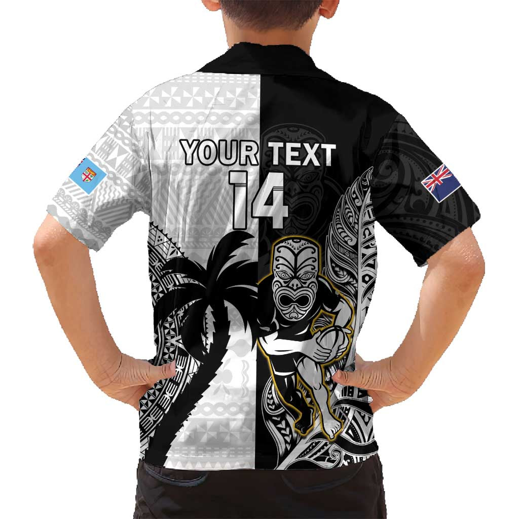 Custom Fiji And New Zealand Rugby Family Matching Off Shoulder Maxi Dress and Hawaiian Shirt Aotearoa Silver Fern Mix Fijian Tapa Pattern LT14 - Polynesian Pride