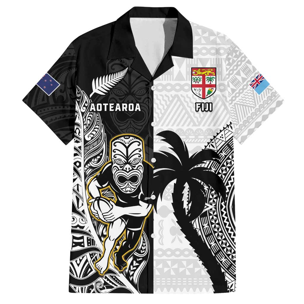 Custom Fiji And New Zealand Rugby Family Matching Off Shoulder Maxi Dress and Hawaiian Shirt Aotearoa Silver Fern Mix Fijian Tapa Pattern LT14 Dad's Shirt - Short Sleeve Black - Polynesian Pride