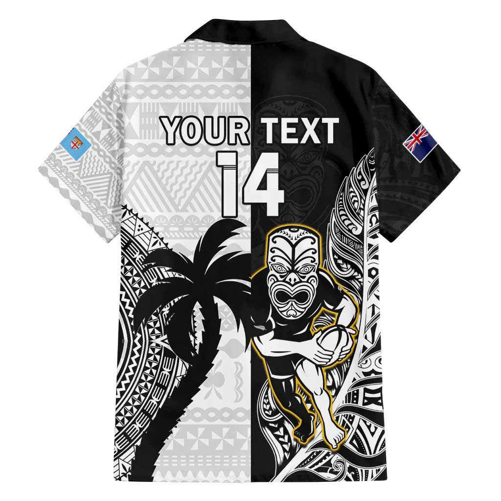Custom Fiji And New Zealand Rugby Family Matching Off Shoulder Short Dress and Hawaiian Shirt Aotearoa Silver Fern Mix Fijian Tapa Pattern LT14 - Polynesian Pride