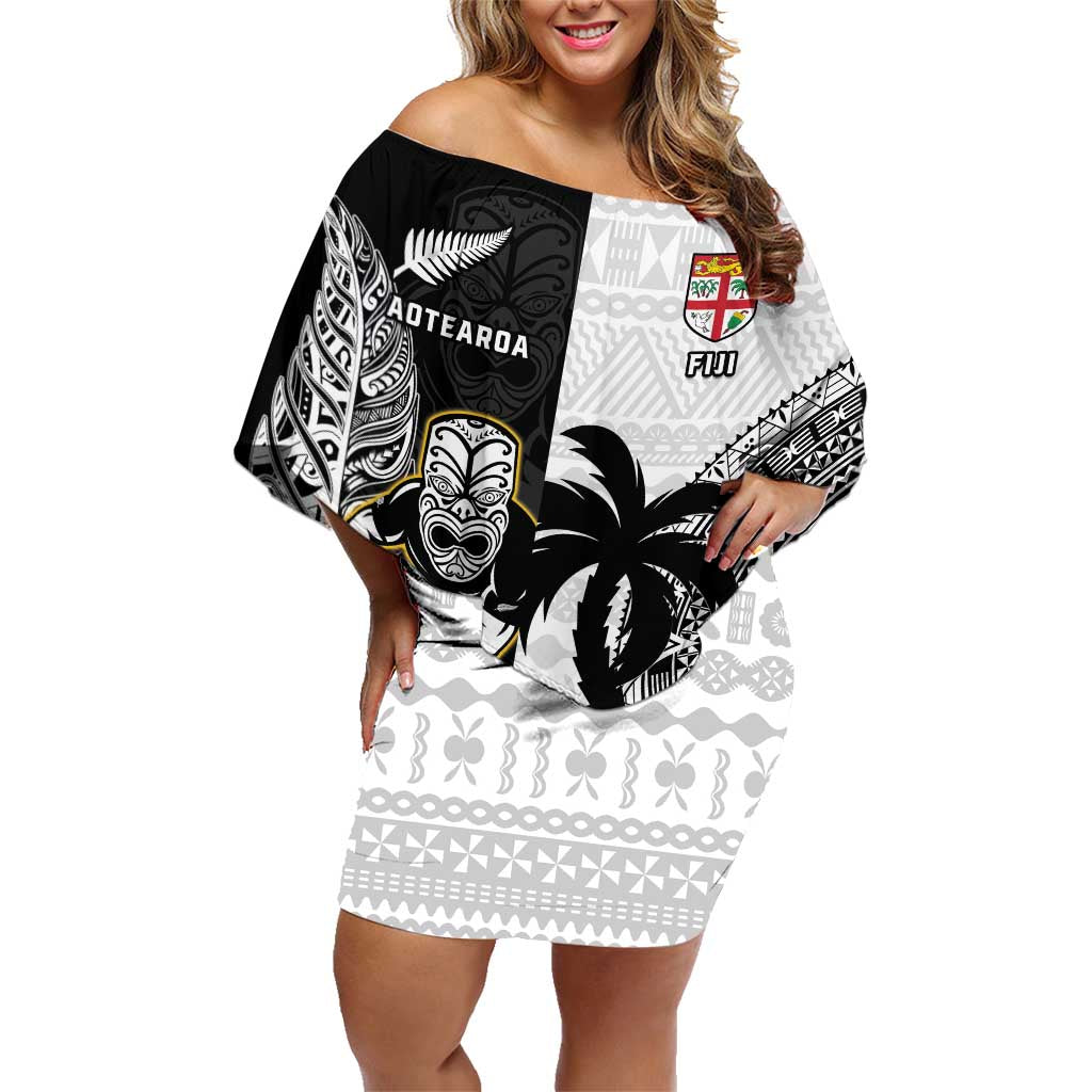 Custom Fiji And New Zealand Rugby Family Matching Off Shoulder Short Dress and Hawaiian Shirt Aotearoa Silver Fern Mix Fijian Tapa Pattern LT14 Mom's Dress Black - Polynesian Pride