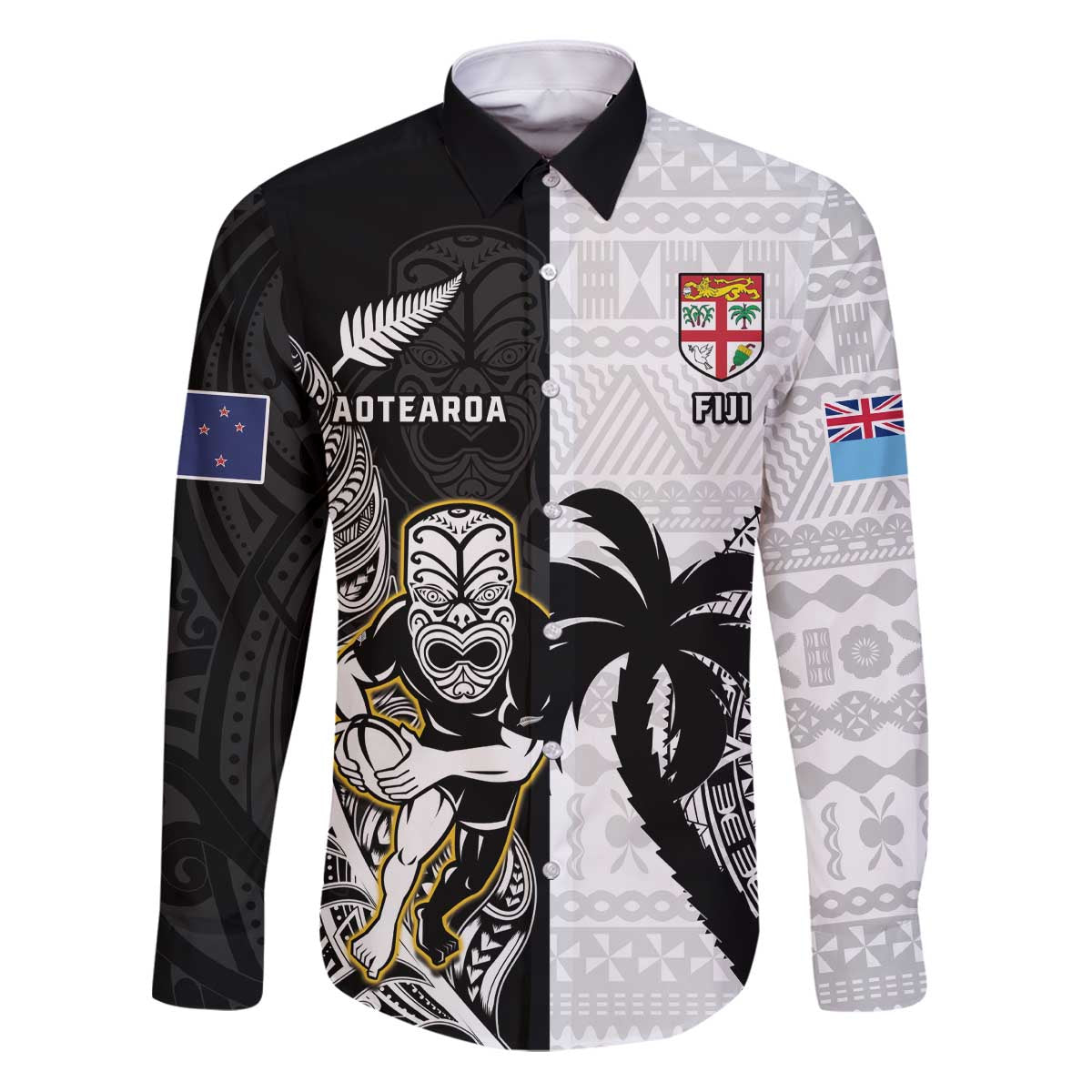 Custom Fiji And New Zealand Rugby Family Matching Puletasi and Hawaiian Shirt Aotearoa Silver Fern Mix Fijian Tapa Pattern LT14 Dad's Shirt - Long Sleeve Black - Polynesian Pride