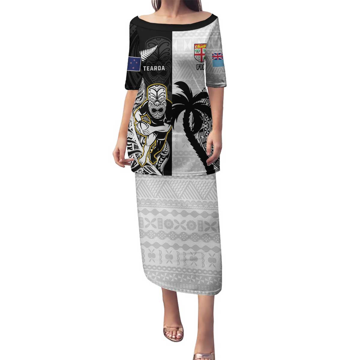 Custom Fiji And New Zealand Rugby Family Matching Puletasi and Hawaiian Shirt Aotearoa Silver Fern Mix Fijian Tapa Pattern LT14 Mom's Dress Black - Polynesian Pride