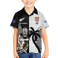Custom Fiji And New Zealand Rugby Family Matching Puletasi and Hawaiian Shirt Aotearoa Silver Fern Mix Fijian Tapa Pattern LT14 Son's Shirt Black - Polynesian Pride