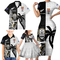 Custom Fiji And New Zealand Rugby Family Matching Short Sleeve Bodycon Dress and Hawaiian Shirt Aotearoa Silver Fern Mix Fijian Tapa Pattern LT14 - Polynesian Pride
