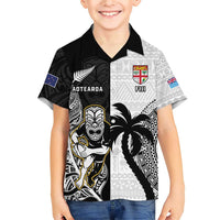 Custom Fiji And New Zealand Rugby Family Matching Short Sleeve Bodycon Dress and Hawaiian Shirt Aotearoa Silver Fern Mix Fijian Tapa Pattern LT14 Son's Shirt Black - Polynesian Pride