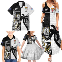Custom Fiji And New Zealand Rugby Family Matching Summer Maxi Dress and Hawaiian Shirt Aotearoa Silver Fern Mix Fijian Tapa Pattern LT14 - Polynesian Pride