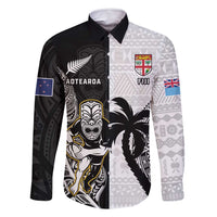 Custom Fiji And New Zealand Rugby Family Matching Summer Maxi Dress and Hawaiian Shirt Aotearoa Silver Fern Mix Fijian Tapa Pattern LT14 Dad's Shirt - Long Sleeve Black - Polynesian Pride