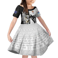 Custom Fiji And New Zealand Rugby Family Matching Tank Maxi Dress and Hawaiian Shirt Aotearoa Silver Fern Mix Fijian Tapa Pattern LT14 Daughter's Dress Black - Polynesian Pride