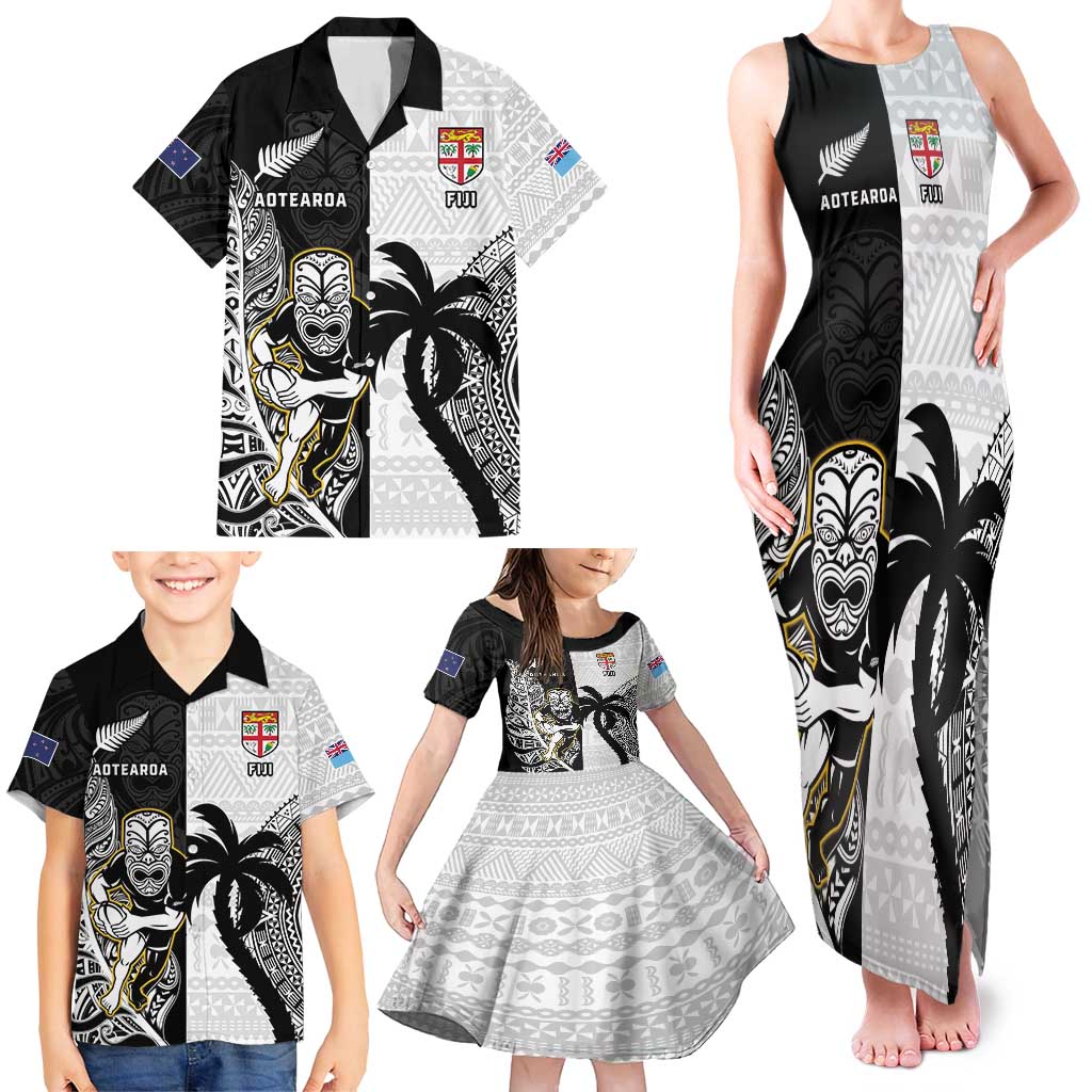 Custom Fiji And New Zealand Rugby Family Matching Tank Maxi Dress and Hawaiian Shirt Aotearoa Silver Fern Mix Fijian Tapa Pattern LT14 - Polynesian Pride
