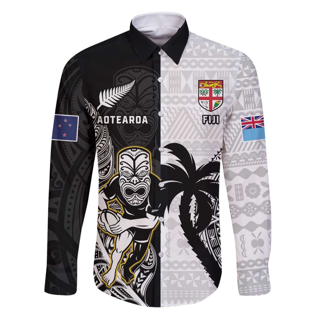 Custom Fiji And New Zealand Rugby Family Matching Tank Maxi Dress and Hawaiian Shirt Aotearoa Silver Fern Mix Fijian Tapa Pattern LT14 Dad's Shirt - Long Sleeve Black - Polynesian Pride