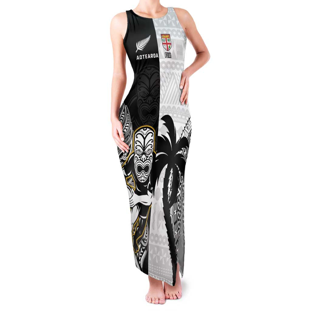 Custom Fiji And New Zealand Rugby Family Matching Tank Maxi Dress and Hawaiian Shirt Aotearoa Silver Fern Mix Fijian Tapa Pattern LT14 Mom's Dress Black - Polynesian Pride