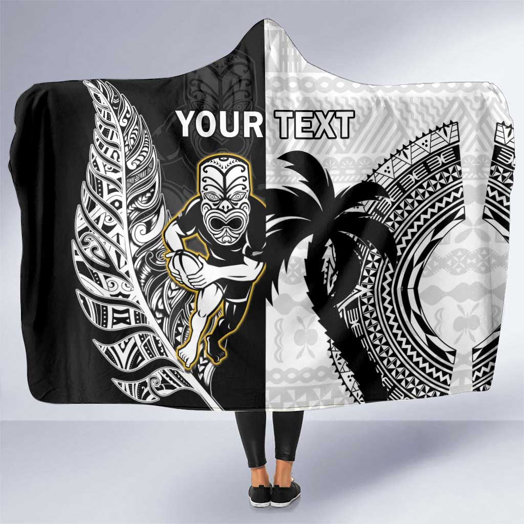 Custom Fiji And New Zealand Rugby Hooded Blanket Aotearoa Silver Fern Mix Fijian Tapa Pattern LT14 One Size Black - Polynesian Pride