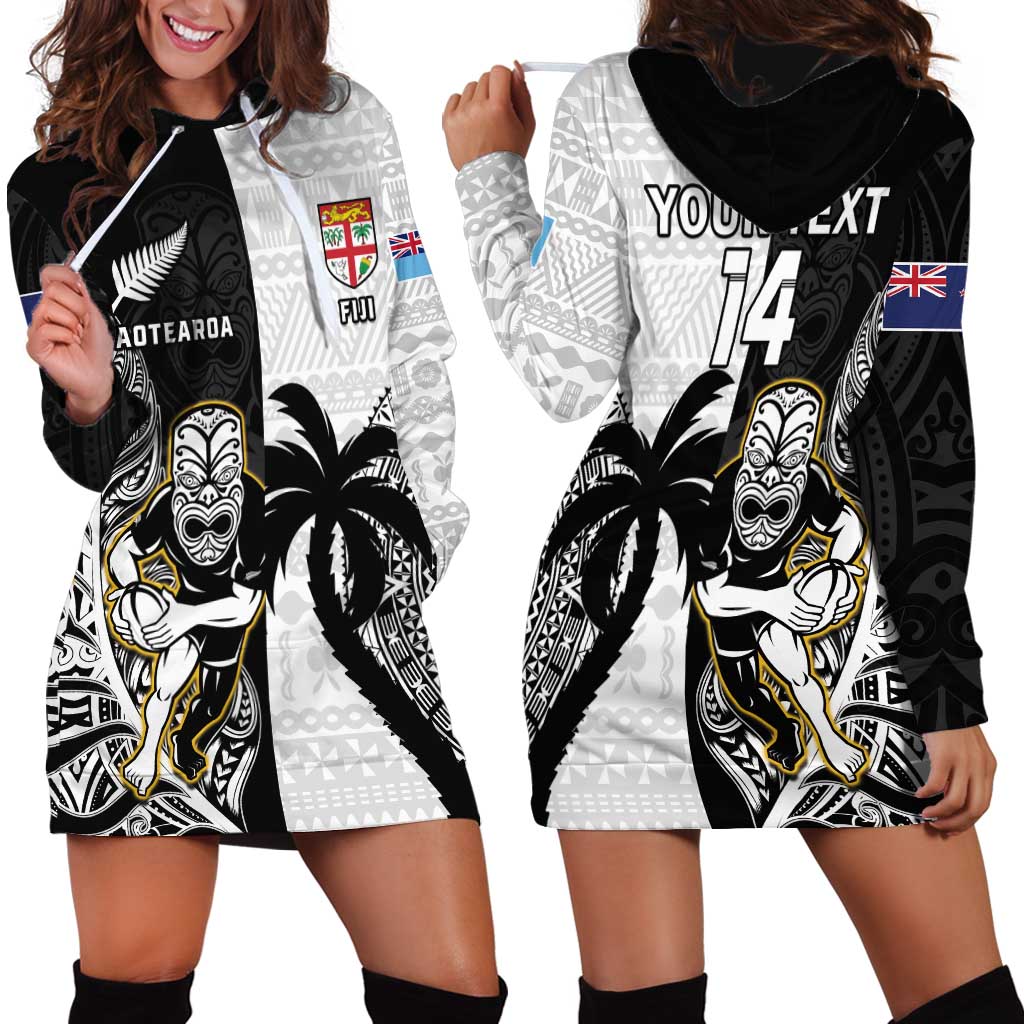 Custom Fiji And New Zealand Rugby Hoodie Dress Aotearoa Silver Fern Mix Fijian Tapa Pattern LT14 - Polynesian Pride