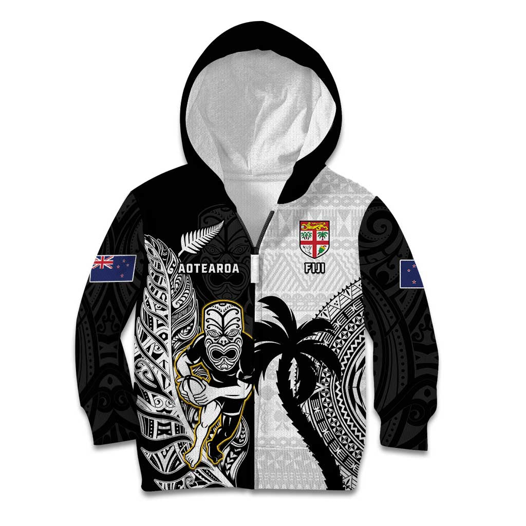 Custom Fiji And New Zealand Rugby Kid Hoodie Aotearoa Silver Fern Mix Fijian Tapa Pattern LT14 Zip Hoodie Black - Polynesian Pride