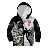 Custom Fiji And New Zealand Rugby Kid Hoodie Aotearoa Silver Fern Mix Fijian Tapa Pattern LT14 Zip Hoodie Black - Polynesian Pride