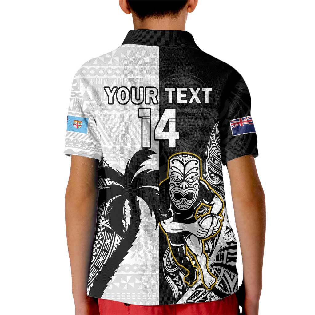 Custom Fiji And New Zealand Rugby Kid Polo Shirt Aotearoa Silver Fern Mix Fijian Tapa Pattern LT14 - Polynesian Pride