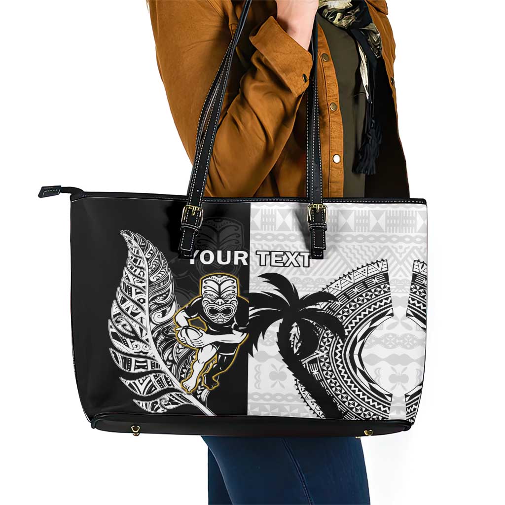 Custom Fiji And New Zealand Rugby Leather Tote Bag Aotearoa Silver Fern Mix Fijian Tapa Pattern LT14 - Polynesian Pride