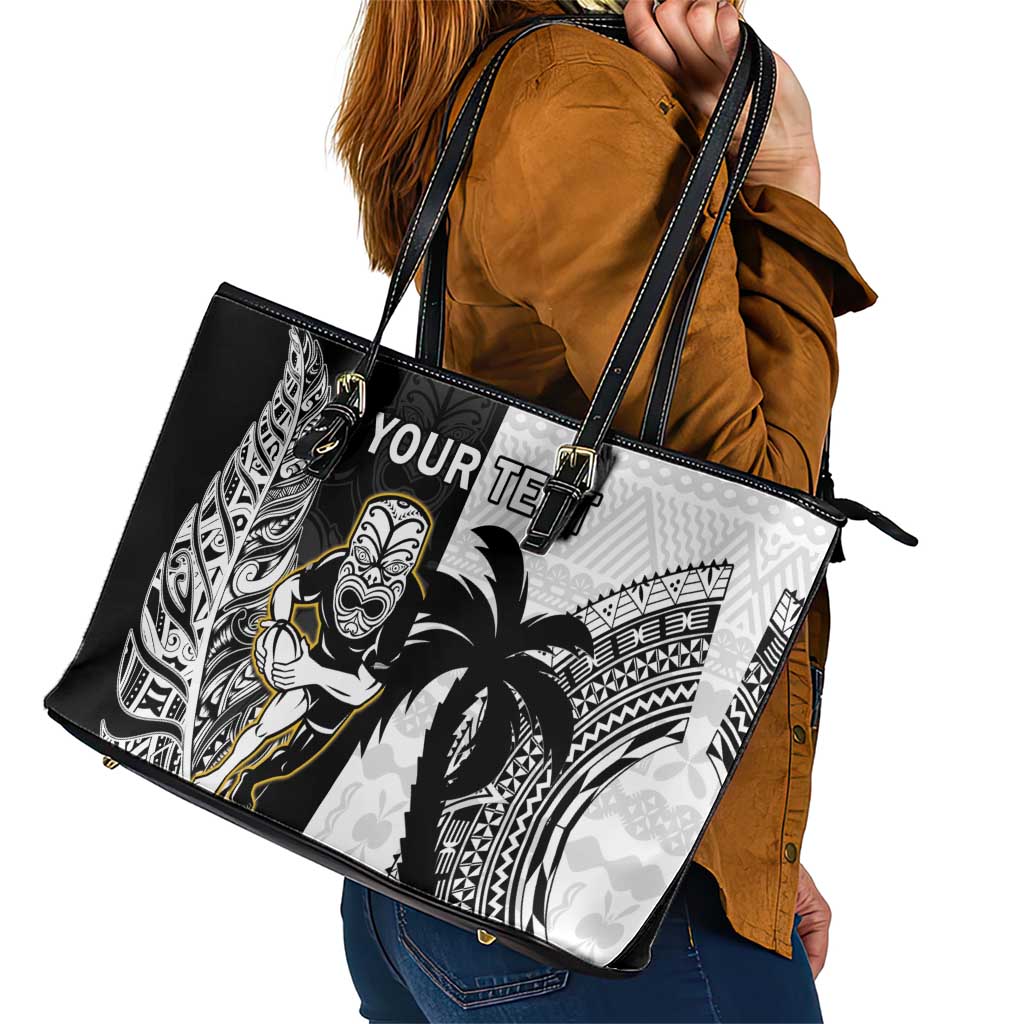 Custom Fiji And New Zealand Rugby Leather Tote Bag Aotearoa Silver Fern Mix Fijian Tapa Pattern LT14 - Polynesian Pride
