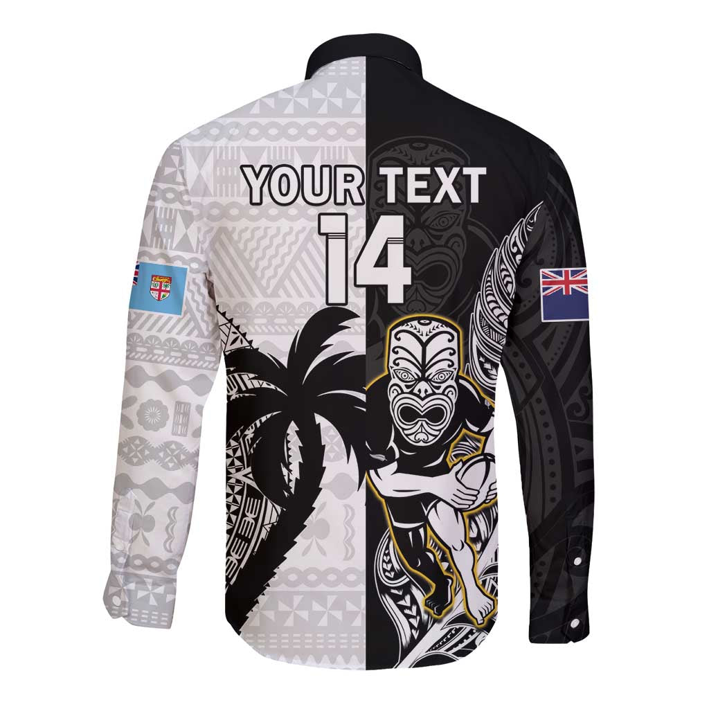 Custom Fiji And New Zealand Rugby Long Sleeve Button Shirt Aotearoa Silver Fern Mix Fijian Tapa Pattern LT14 - Polynesian Pride