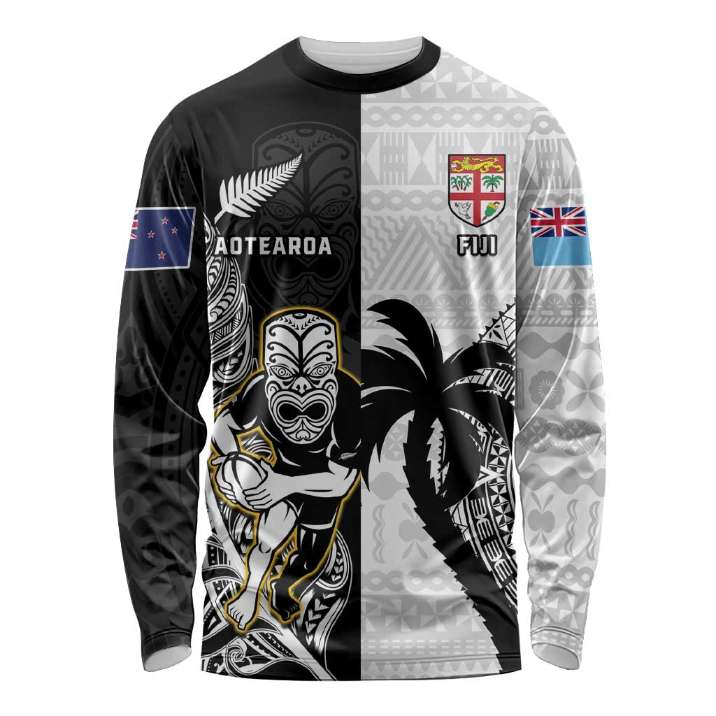 Custom Fiji And New Zealand Rugby Long Sleeve Shirt Aotearoa Silver Fern Mix Fijian Tapa Pattern LT14 Unisex Black - Polynesian Pride