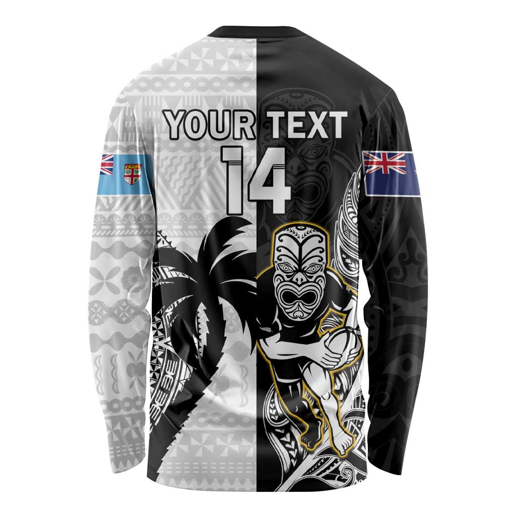 Custom Fiji And New Zealand Rugby Long Sleeve Shirt Aotearoa Silver Fern Mix Fijian Tapa Pattern LT14 - Polynesian Pride