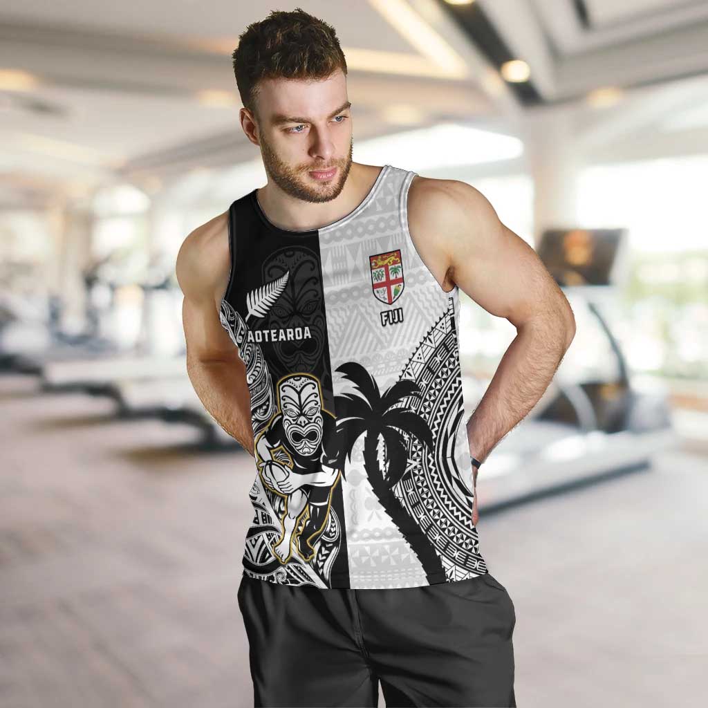 Custom Fiji And New Zealand Rugby Men Tank Top Aotearoa Silver Fern Mix Fijian Tapa Pattern LT14 Black - Polynesian Pride
