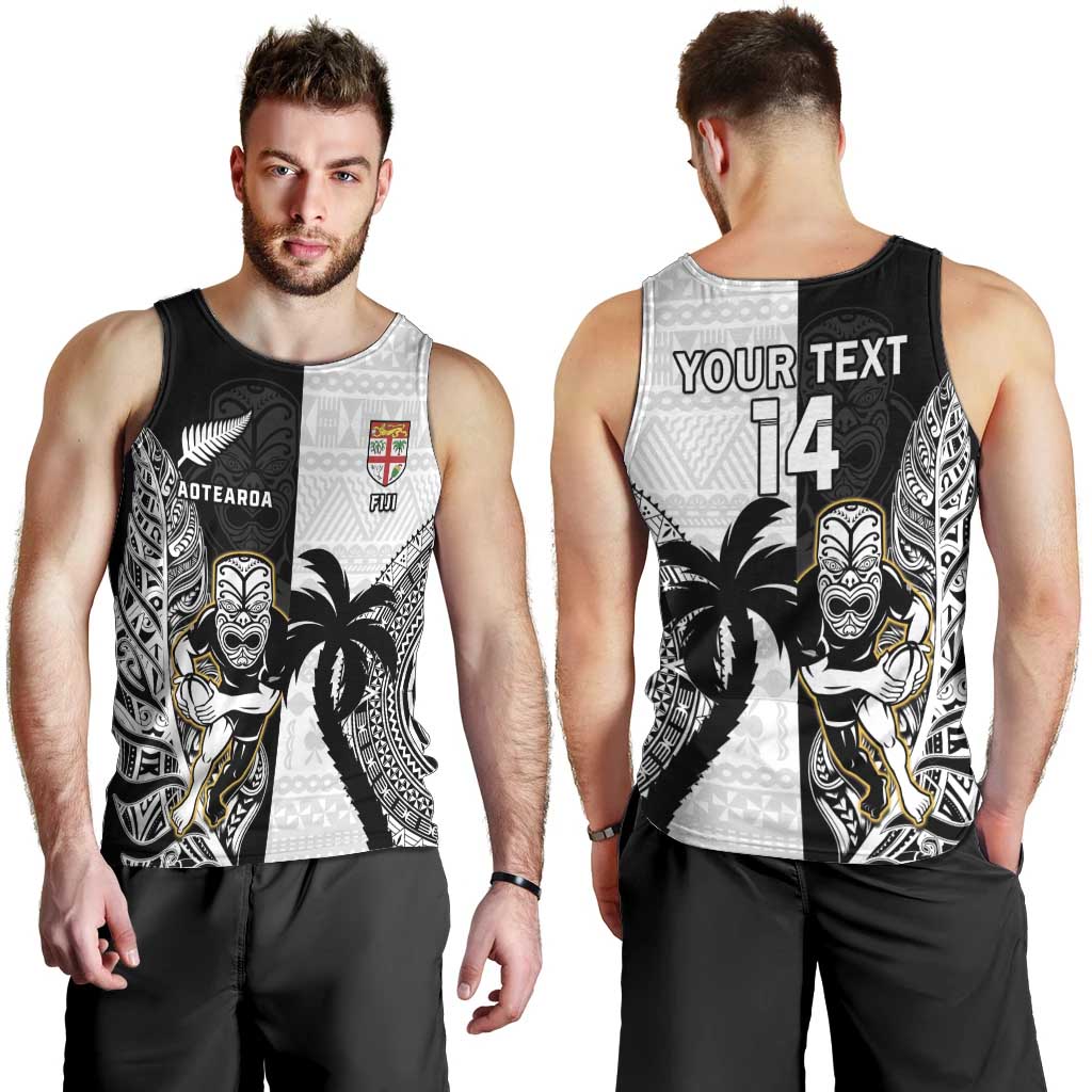 Custom Fiji And New Zealand Rugby Men Tank Top Aotearoa Silver Fern Mix Fijian Tapa Pattern LT14 - Polynesian Pride