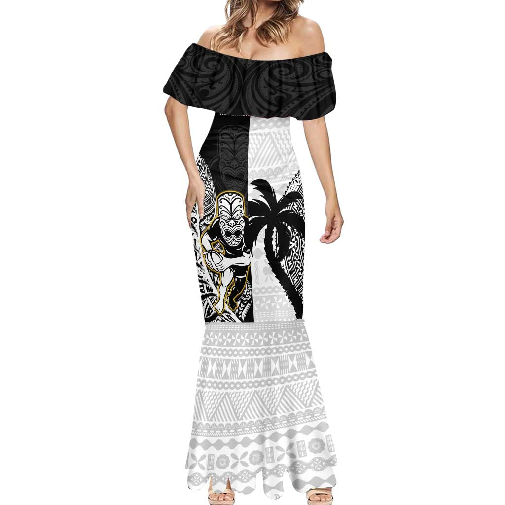 Custom Fiji And New Zealand Rugby Mermaid Dress Aotearoa Silver Fern Mix Fijian Tapa Pattern LT14 - Polynesian Pride