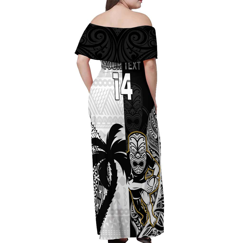 Custom Fiji And New Zealand Rugby Off Shoulder Maxi Dress Aotearoa Silver Fern Mix Fijian Tapa Pattern LT14 - Polynesian Pride