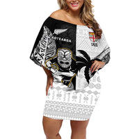 Custom Fiji And New Zealand Rugby Off Shoulder Short Dress Aotearoa Silver Fern Mix Fijian Tapa Pattern LT14 Women Black - Polynesian Pride