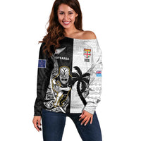 Custom Fiji And New Zealand Rugby Off Shoulder Sweater Aotearoa Silver Fern Mix Fijian Tapa Pattern LT14 Women Black - Polynesian Pride