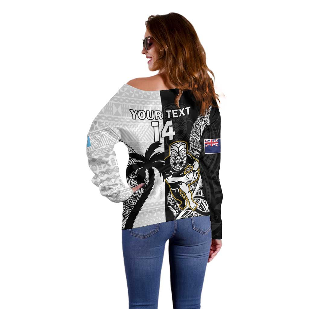 Custom Fiji And New Zealand Rugby Off Shoulder Sweater Aotearoa Silver Fern Mix Fijian Tapa Pattern LT14 - Polynesian Pride