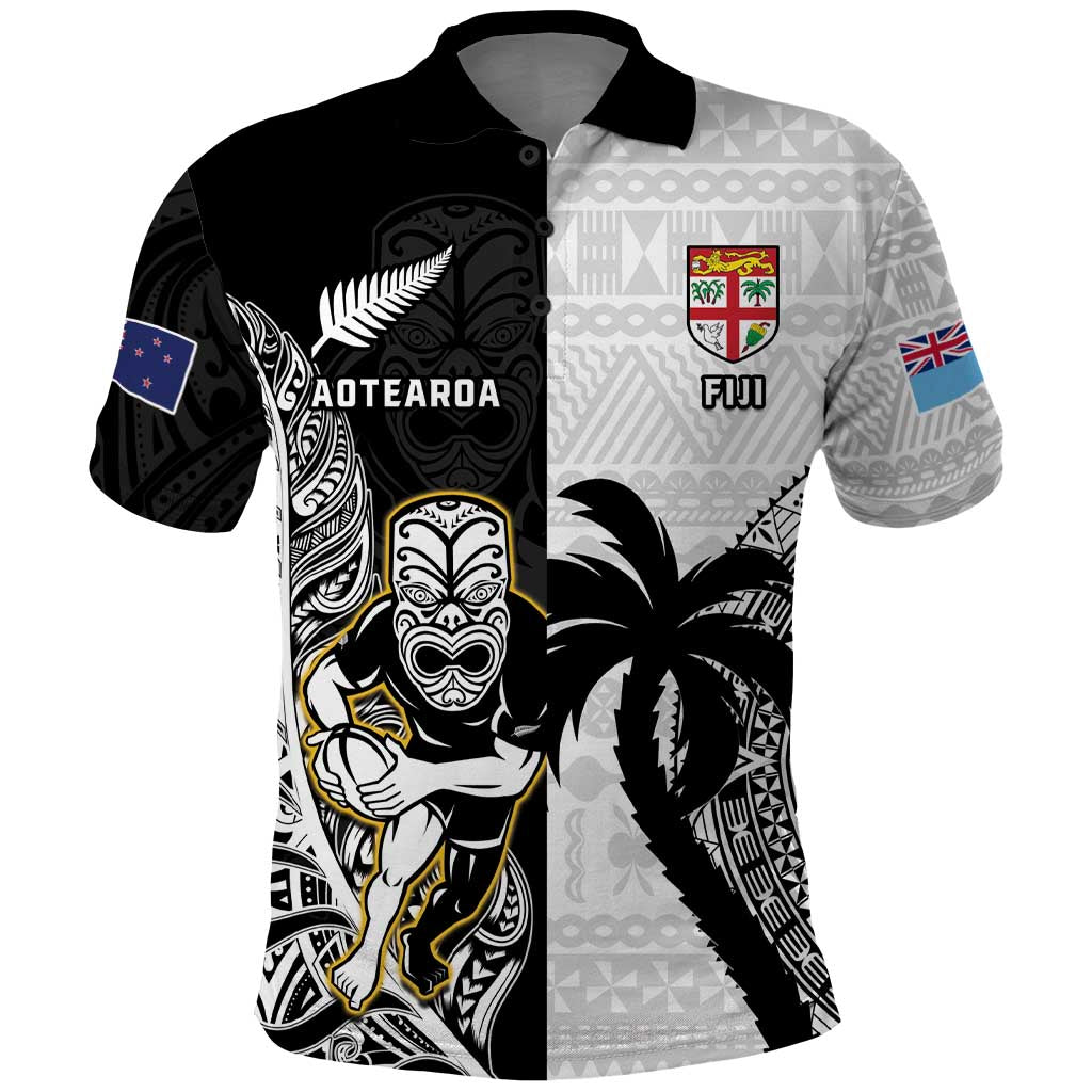 Custom Fiji And New Zealand Rugby Polo Shirt Aotearoa Silver Fern Mix Fijian Tapa Pattern LT14 Black - Polynesian Pride