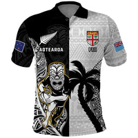 Custom Fiji And New Zealand Rugby Polo Shirt Aotearoa Silver Fern Mix Fijian Tapa Pattern LT14 Black - Polynesian Pride