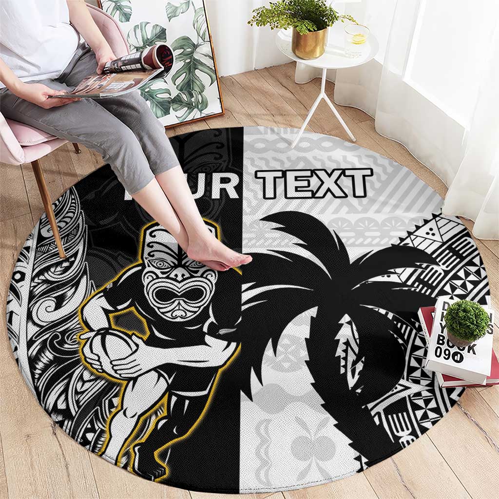 Custom Fiji And New Zealand Rugby Round Carpet Aotearoa Silver Fern Mix Fijian Tapa Pattern LT14 - Polynesian Pride