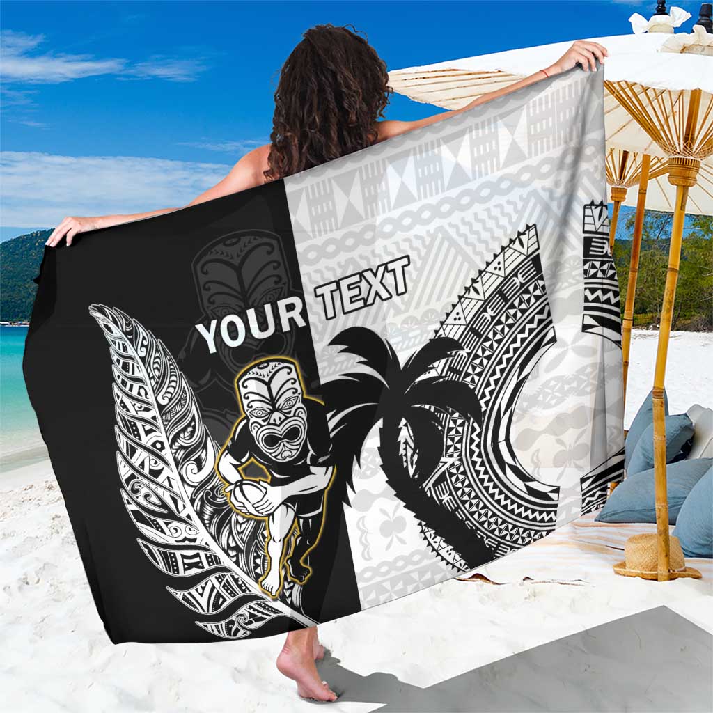 Custom Fiji And New Zealand Rugby Sarong Aotearoa Silver Fern Mix Fijian Tapa Pattern LT14 One Size 44 x 66 inches Black - Polynesian Pride