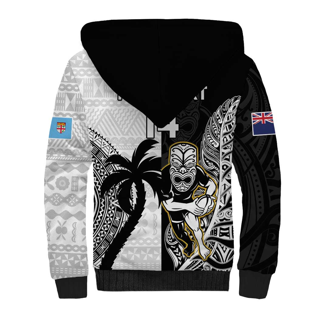 Custom Fiji And New Zealand Rugby Sherpa Hoodie Aotearoa Silver Fern Mix Fijian Tapa Pattern LT14 - Polynesian Pride