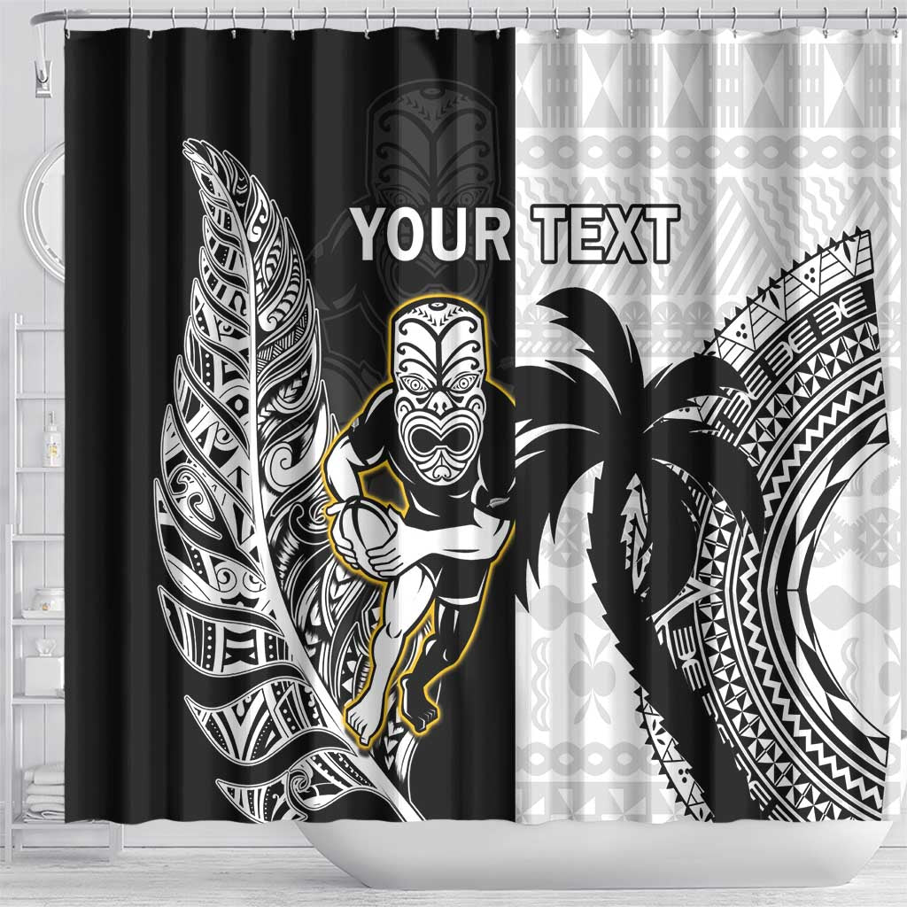 Custom Fiji And New Zealand Rugby Shower Curtain Aotearoa Silver Fern Mix Fijian Tapa Pattern LT14 - Polynesian Pride