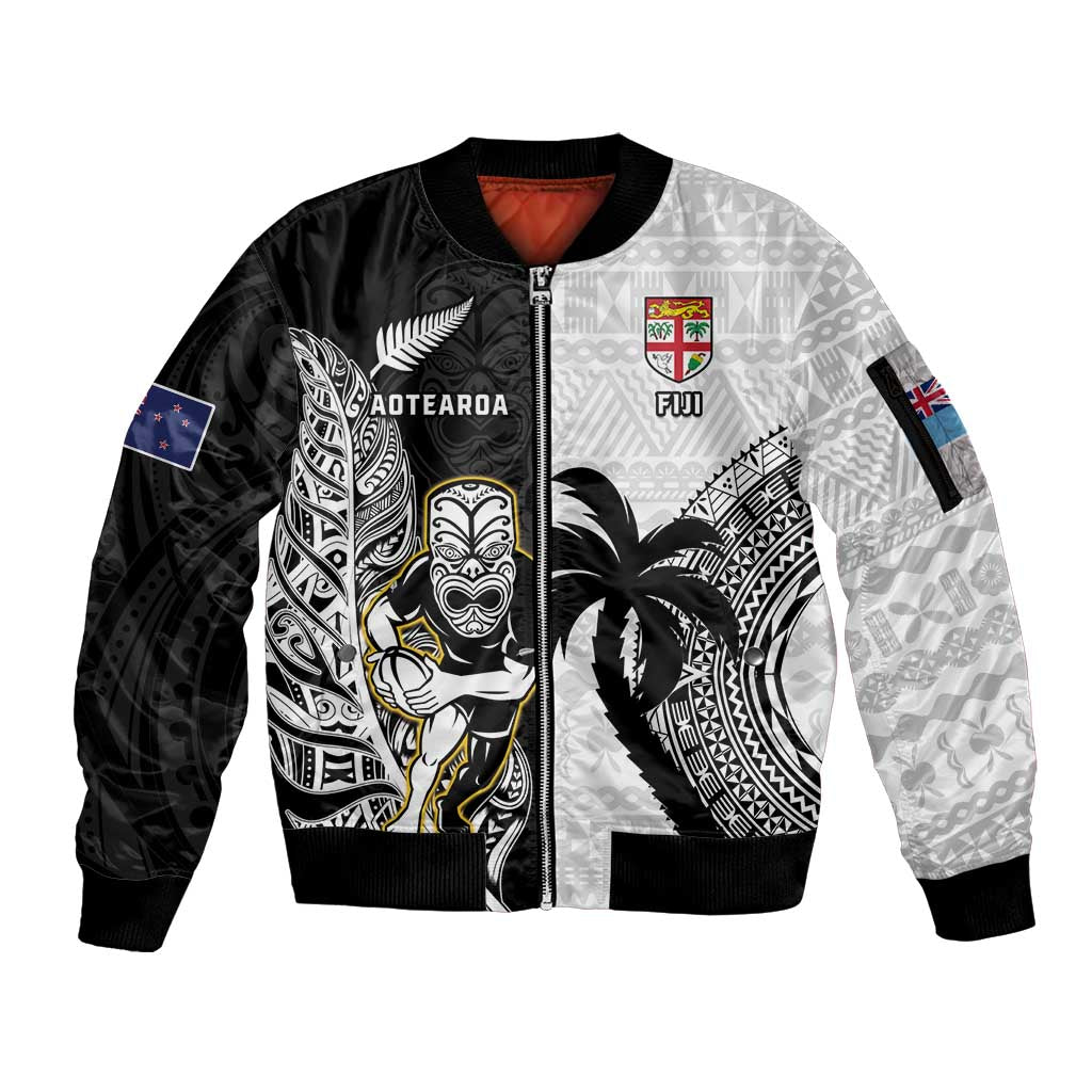 Custom Fiji And New Zealand Rugby Sleeve Zip Bomber Jacket Aotearoa Silver Fern Mix Fijian Tapa Pattern LT14 Unisex Black - Polynesian Pride